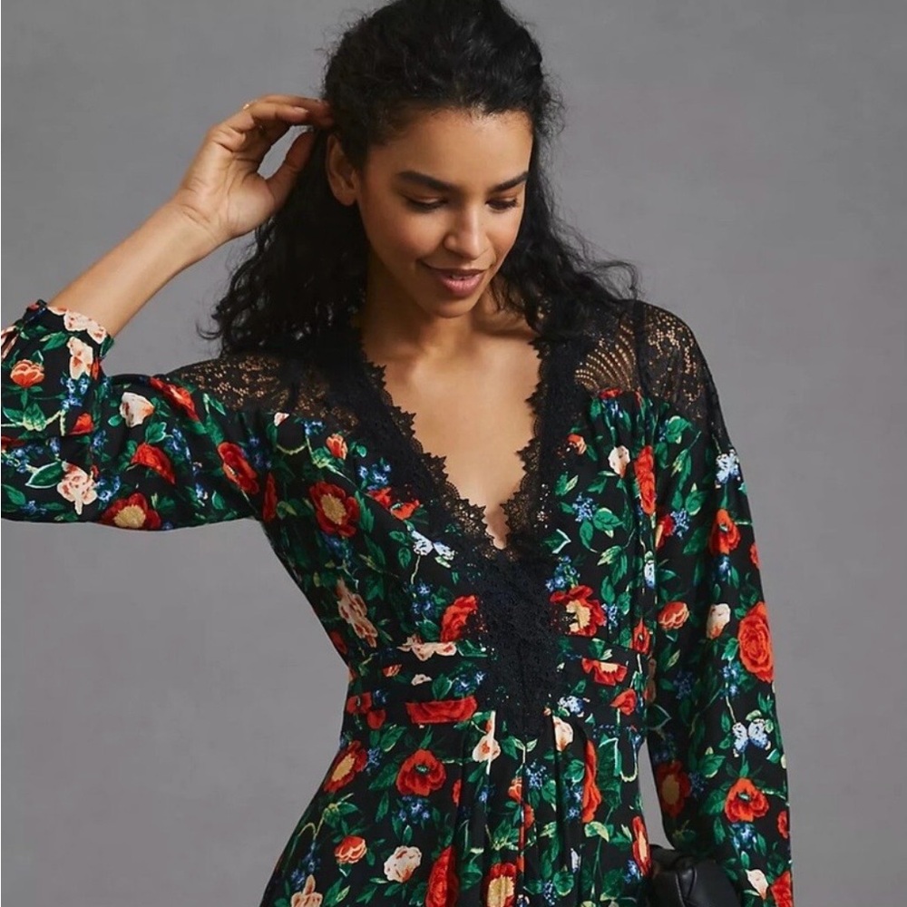 Anthropologie Lacy V-Neck Mini Dress Black Floral Long Sleeve Fit Flare